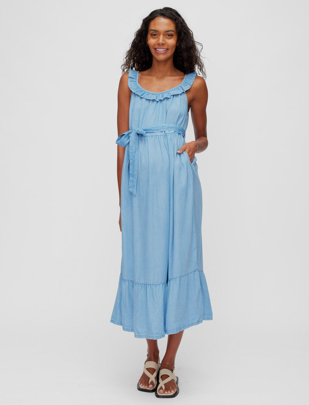 Chambray Ruffle Neckline Maxi - A Pea In the Pod