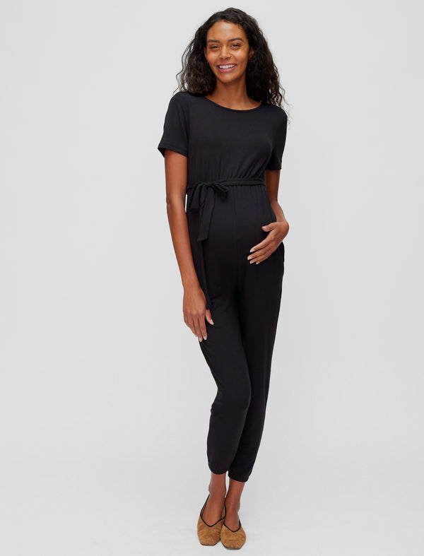 Short Sleeve French Terry Super Soft Maternity Jumpsuit - A Pea In