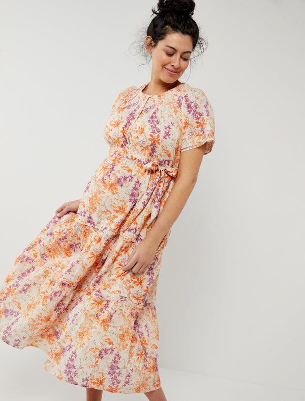 Tropical pink floral button up high-low maternity dress with short